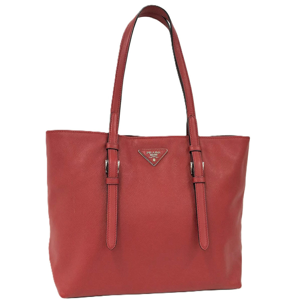 Prada Saffiano soft tote bag straps buckle enameled logo Leather Red